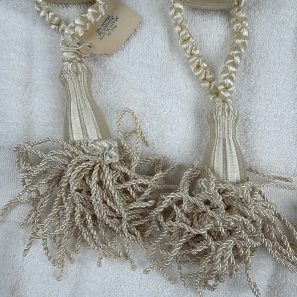 Lot Of 5 Ivory Curtain Tie Backs With Tassels Shiny/glossy Look Boho Rope Twist